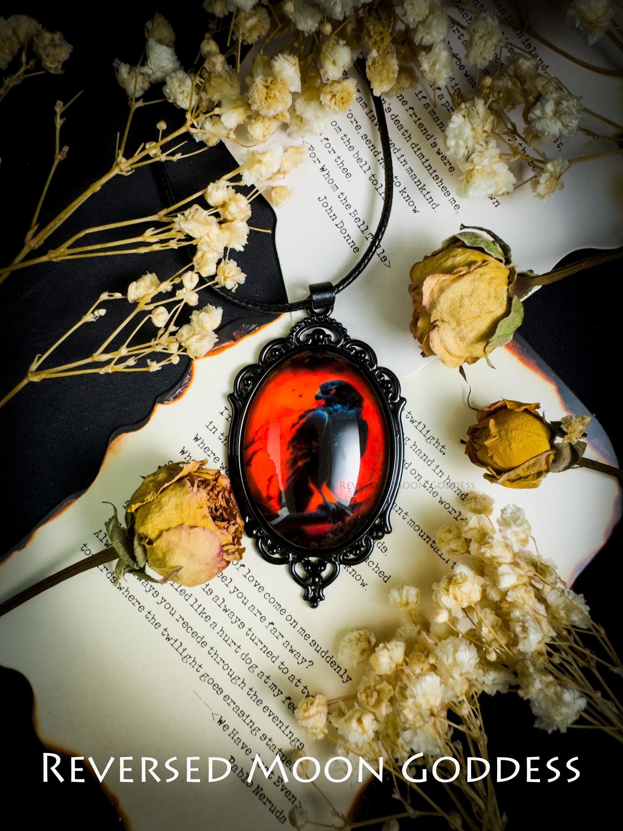 Gothic Raven Necklace with Red Moon Cameo, Handmade Glass Pendant on Adjustable Leather Cord, Vintage Occult Jewelry for Daily Wear