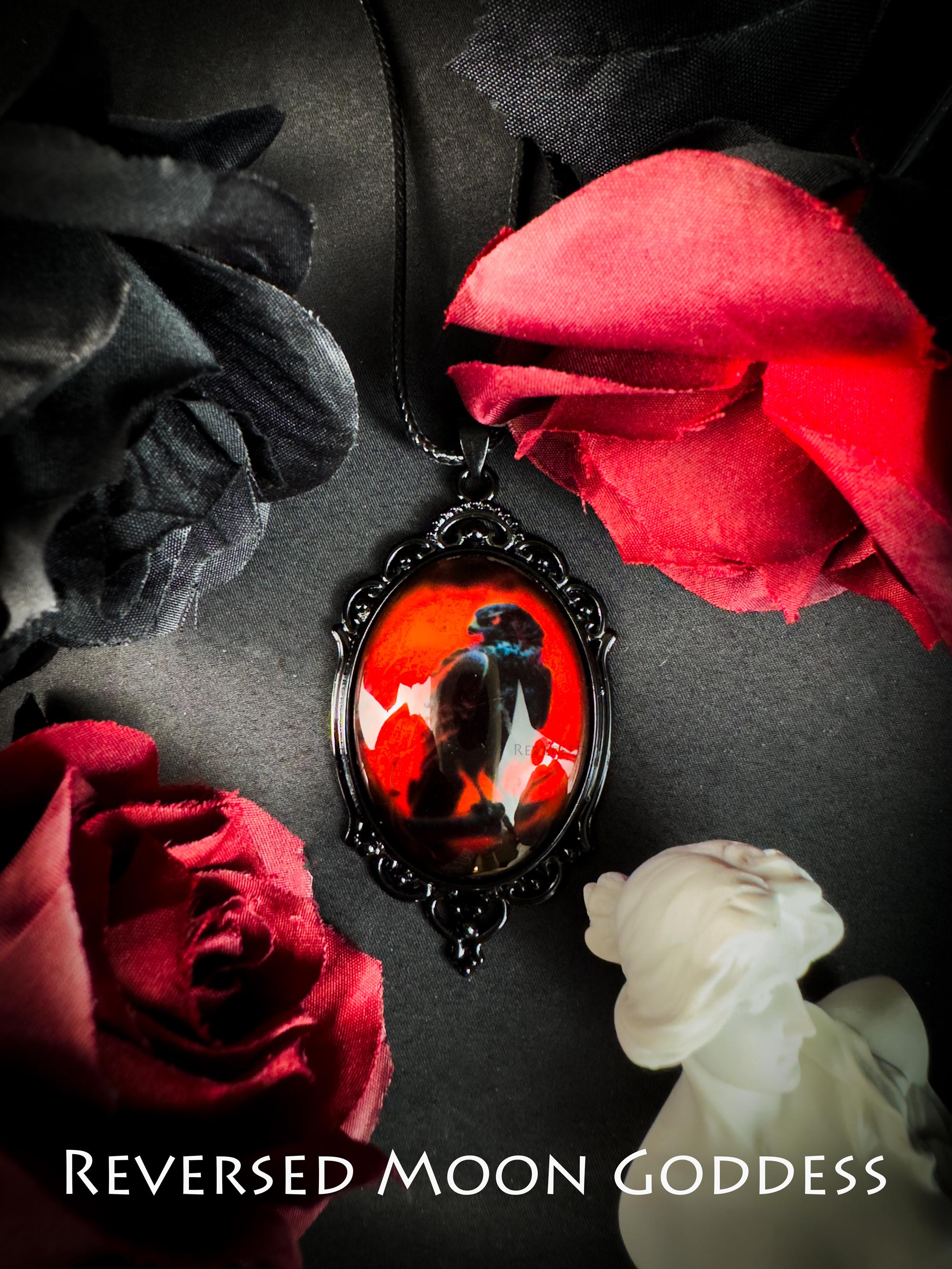 Gothic Raven Necklace with Red Moon Cameo, Handmade Glass Pendant on Adjustable Leather Cord, Vintage Occult Jewelry for Daily Wear