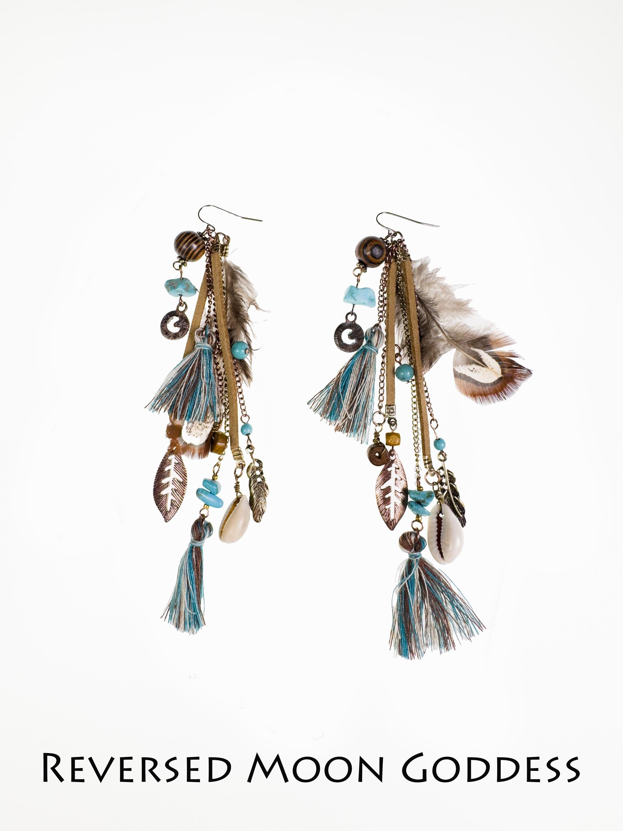 Boho Feather Tassel Earrings: Vintage Brass, Turquoise & Shell