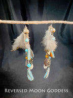 Boho Feather Tassel Earrings: Vintage Brass, Turquoise & Shell