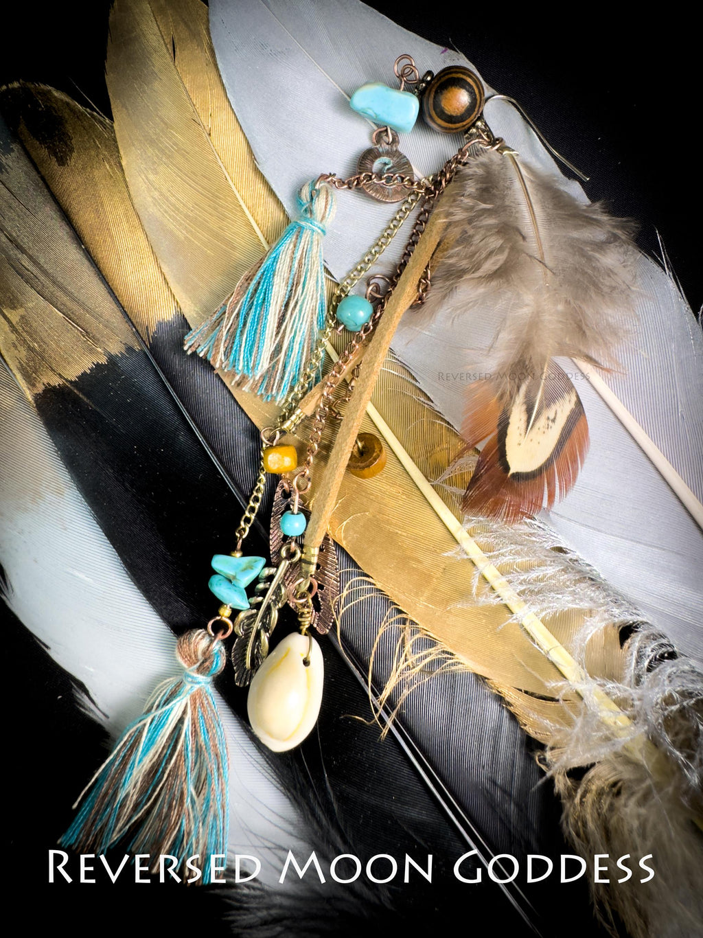 Boho Feather Tassel Earrings: Vintage Brass, Turquoise & Shell