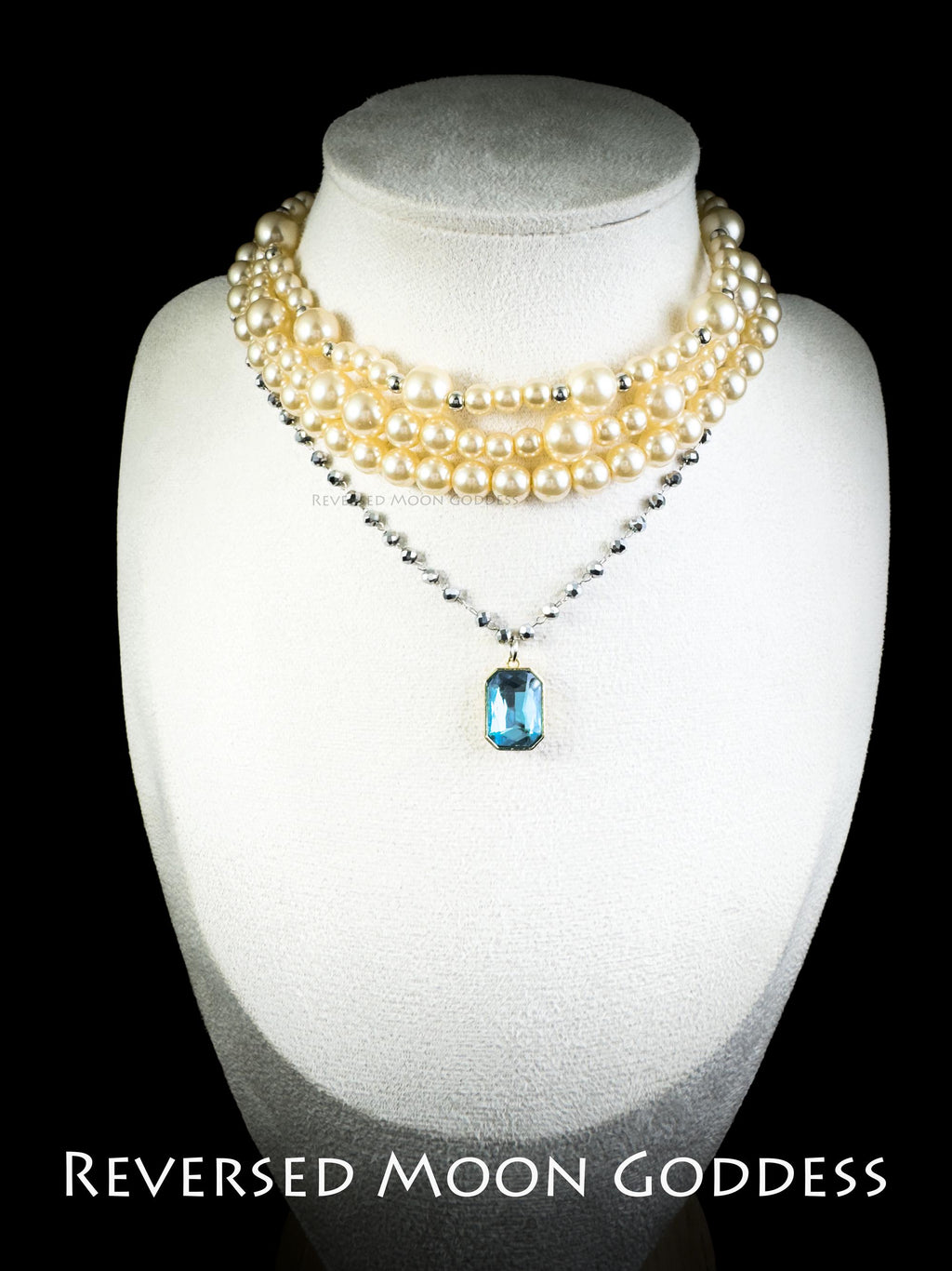 Sapphire Pendant Necklace, Gothic Golden Pearl Layers, Adjustable 40-50cm, Titanium Steel Beads, Dark Aesthetic, Elegant Multi-Layer Design