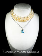 Sapphire Pendant Necklace, Gothic Golden Pearl Layers, Adjustable 40-50cm, Titanium Steel Beads, Dark Aesthetic, Elegant Multi-Layer Design
