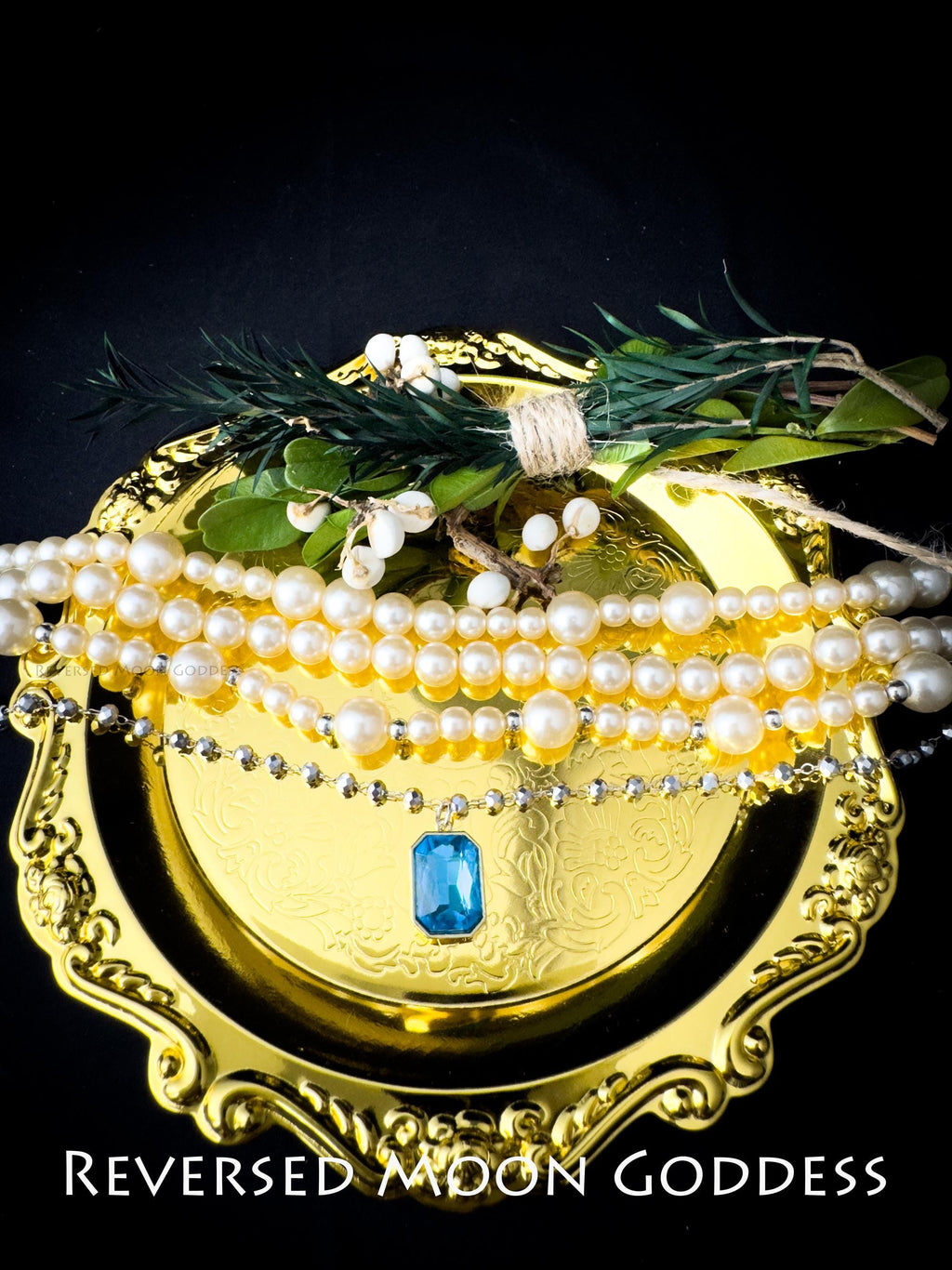 Sapphire Pendant Necklace, Gothic Golden Pearl Layers, Adjustable 40-50cm, Titanium Steel Beads, Dark Aesthetic, Elegant Multi-Layer Design