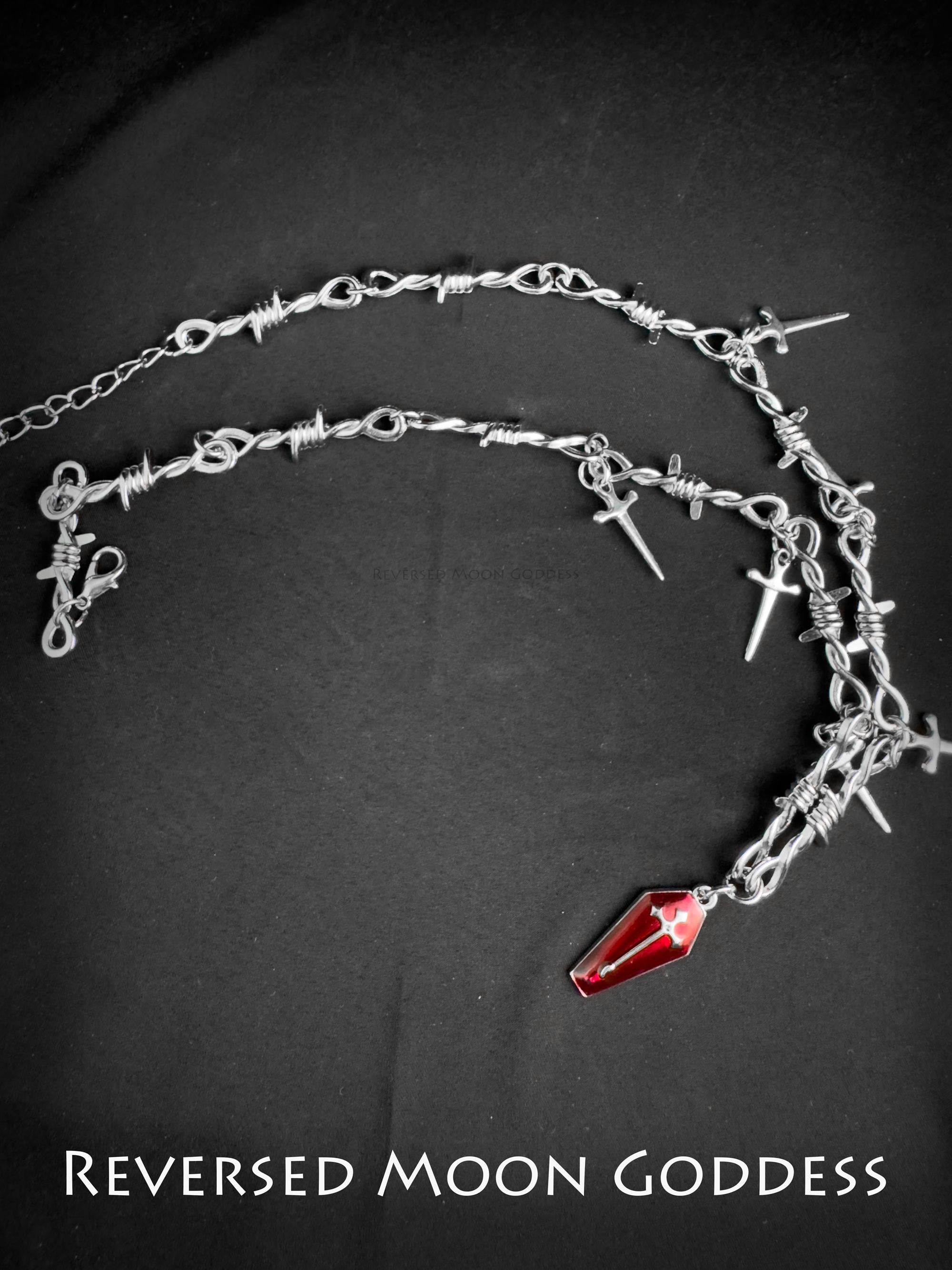 Gothic Coffin Cross Necklace with Broken Sword Pendant, Red Enamel Jewelry, Vintage Unisex Adjustable Gothic Necklace for Halloween & Gifts