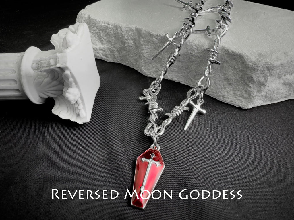 Gothic Coffin Cross Necklace with Broken Sword Pendant, Red Enamel Jewelry, Vintage Unisex Adjustable Gothic Necklace for Halloween & Gifts