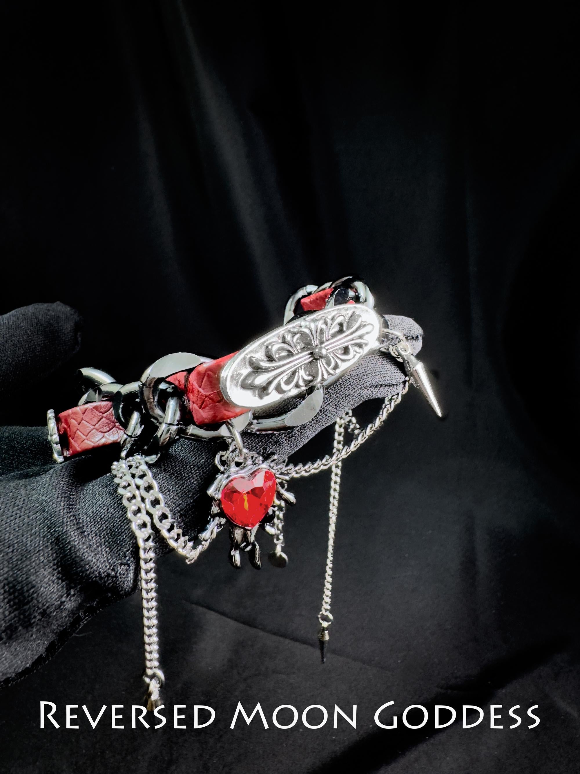 Gothic Punk Rivet Bracelet & Choker Set • Red Heart Lock Necklace in Faux Leather for Gothic Lolita, Harajuku, Y2K Style and Cosplay Jewelry