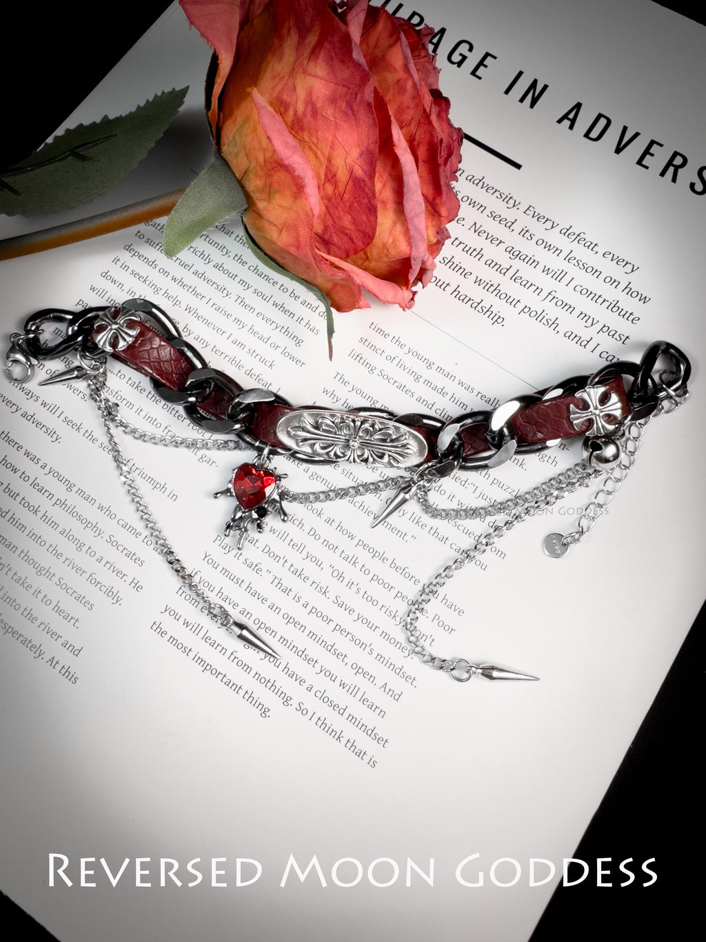 Gothic Punk Rivet Bracelet & Choker Set • Red Heart Lock Necklace in Faux Leather for Gothic Lolita, Harajuku, Y2K Style and Cosplay Jewelry