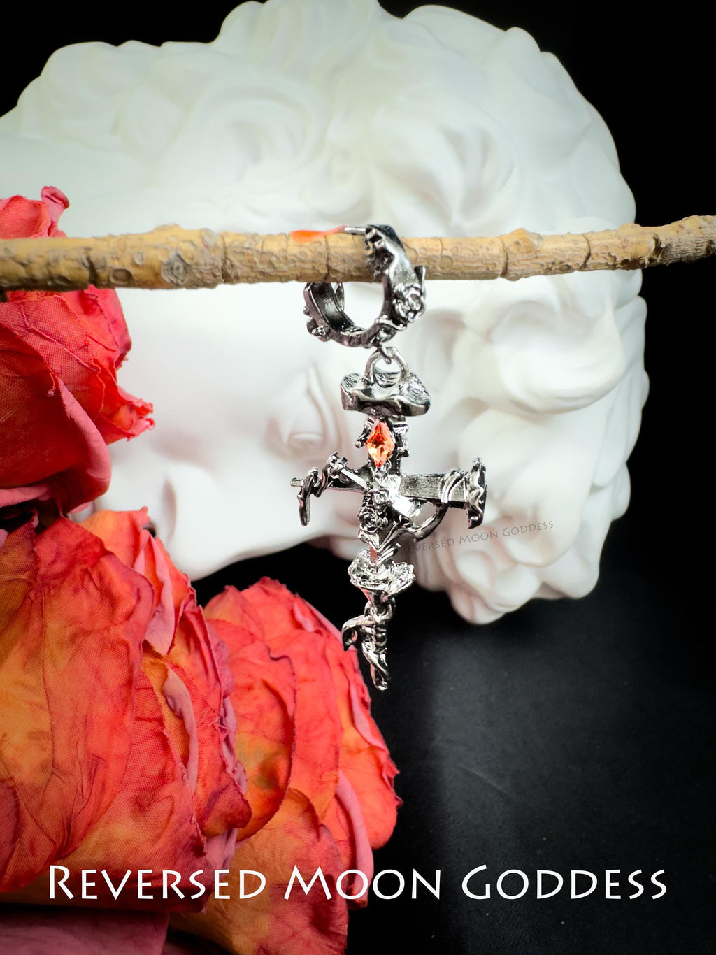 Dark Gothic Rose Sword Earrings • Red Zircon Blade Studs for Women • Cold Enamel Gothic Weapon Jewelry for Cosplay & Statement Looks • Gift