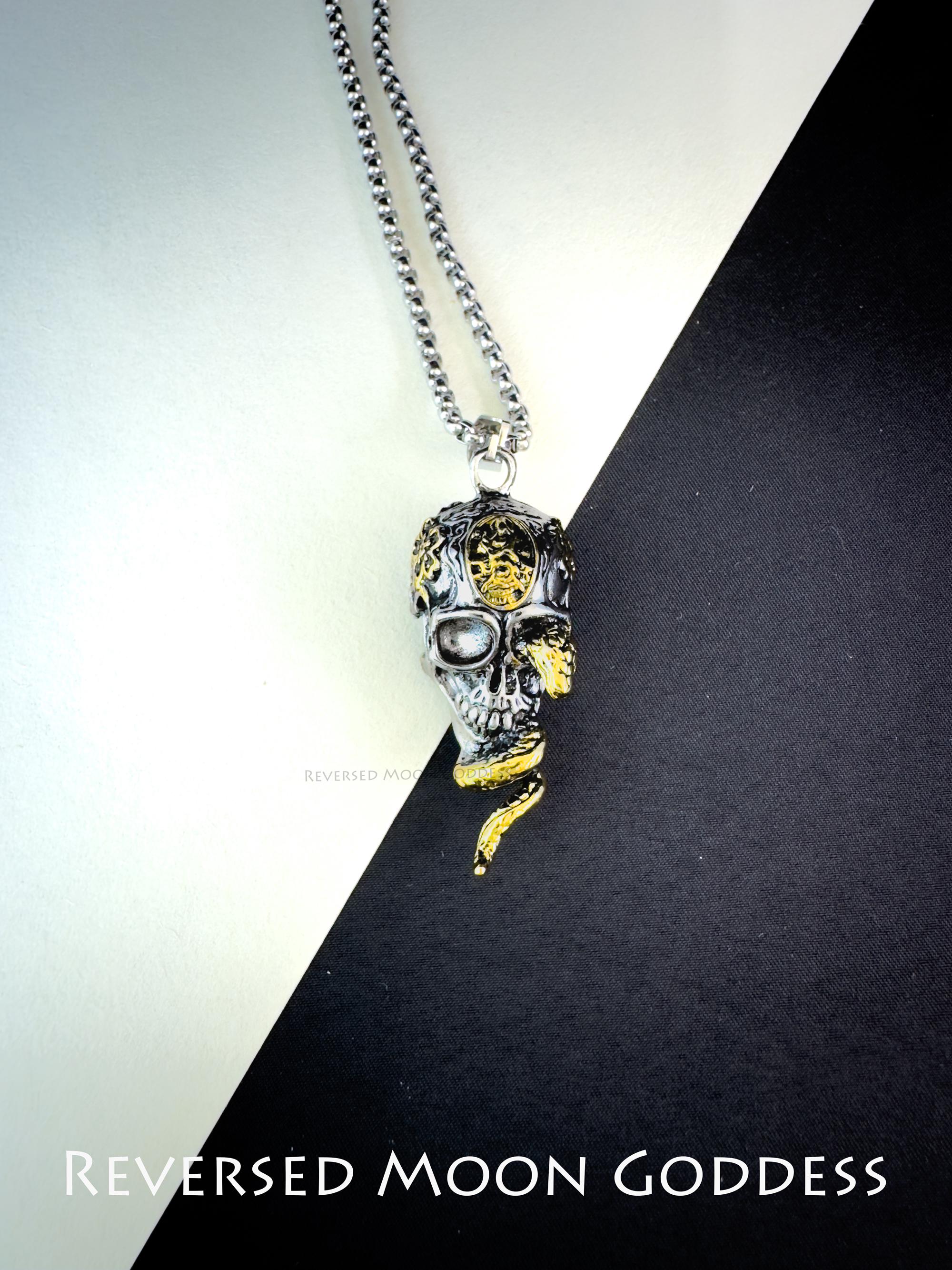 Gothic Skull Snake Pendant Necklace: 925 Silver Unisex Jewelry