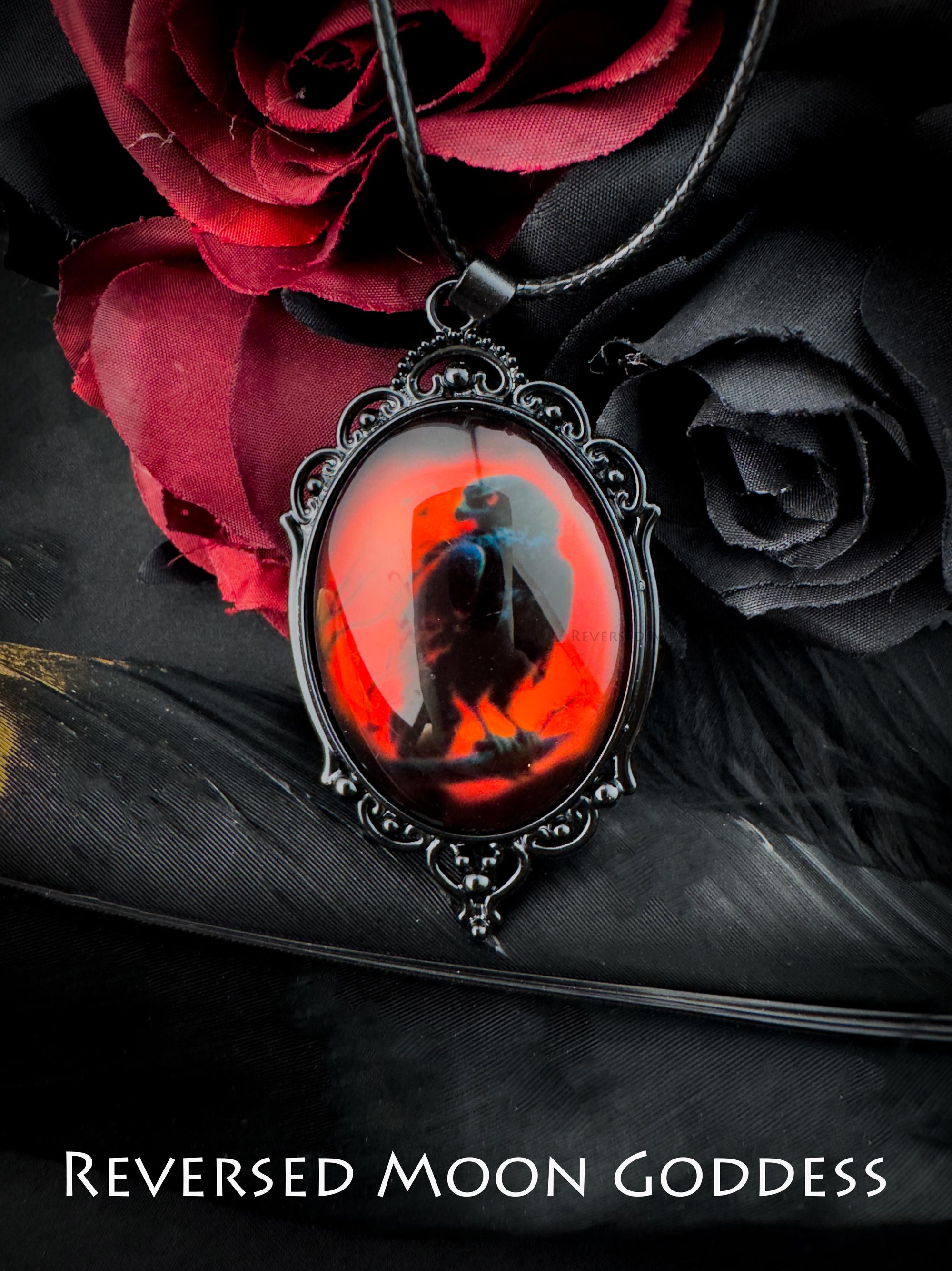 Gothic Raven Necklace with Red Moon Cameo, Handmade Glass Pendant on Adjustable Leather Cord, Vintage Occult Jewelry for Daily Wear