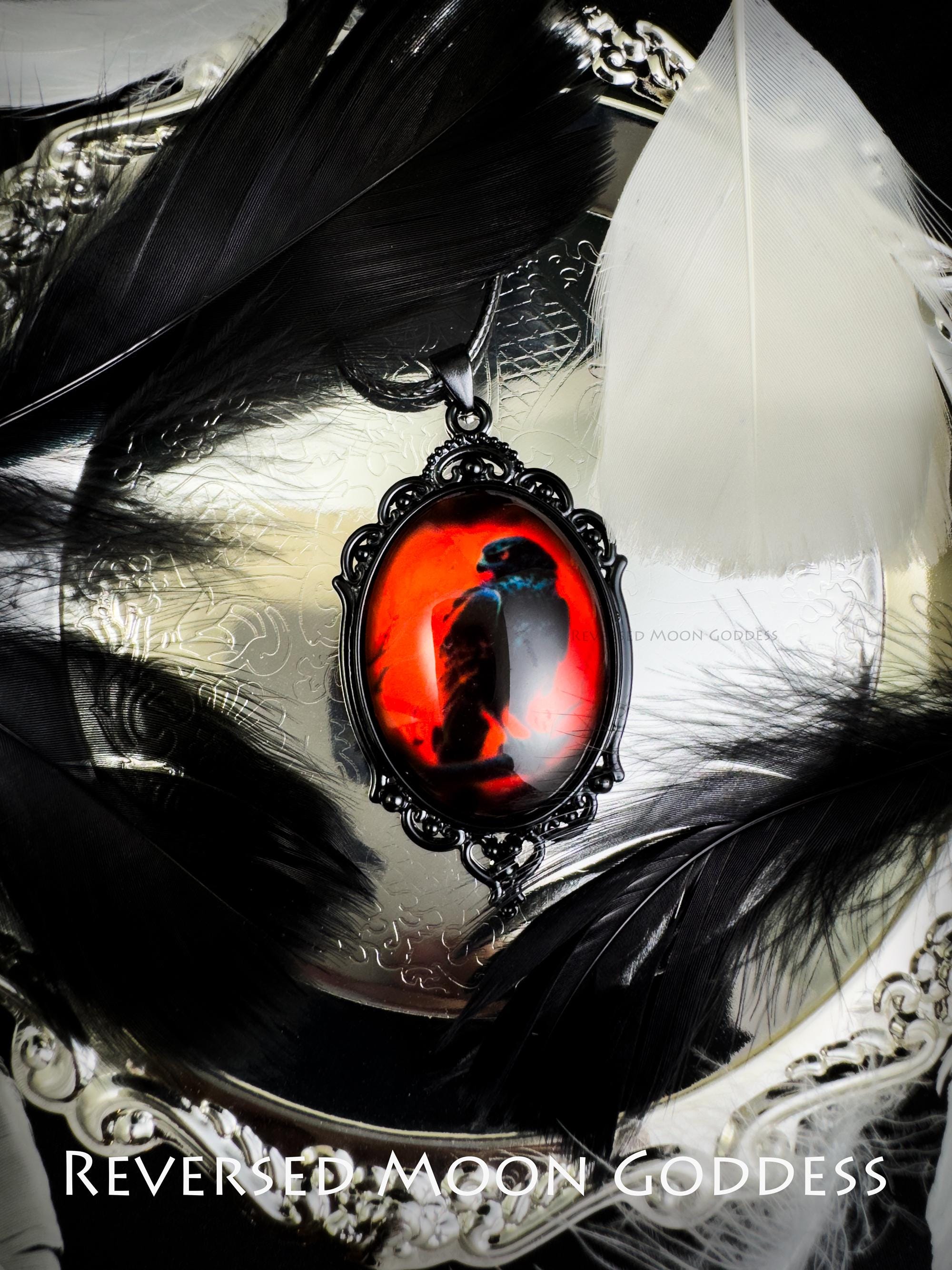 Gothic Raven Necklace with Red Moon Cameo, Handmade Glass Pendant on Adjustable Leather Cord, Vintage Occult Jewelry for Daily Wear