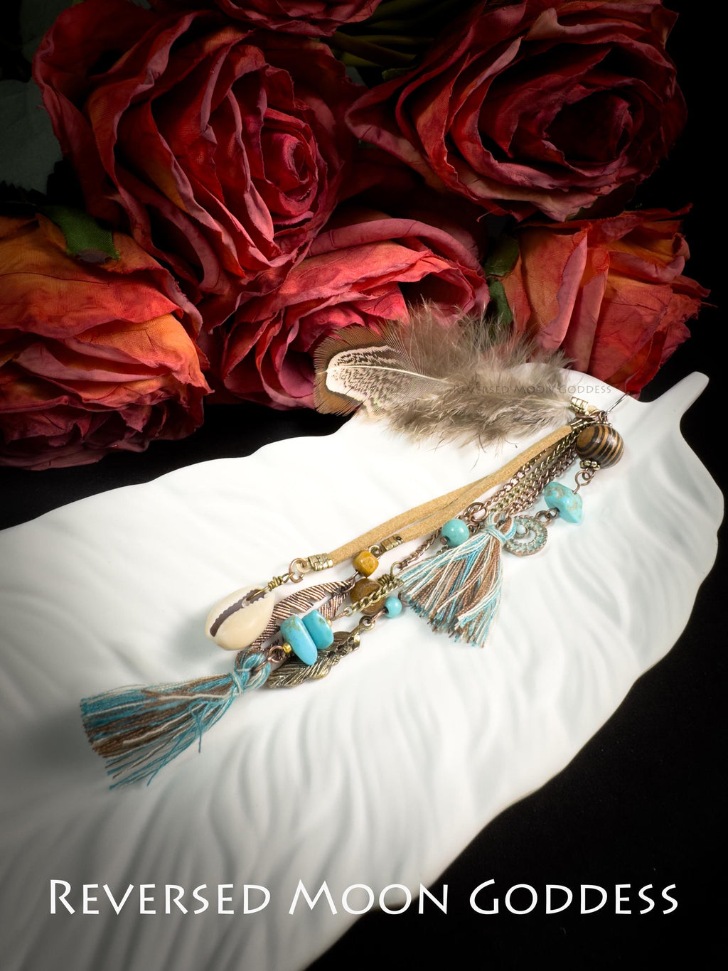 Boho Feather Tassel Earrings: Vintage Brass, Turquoise & Shell
