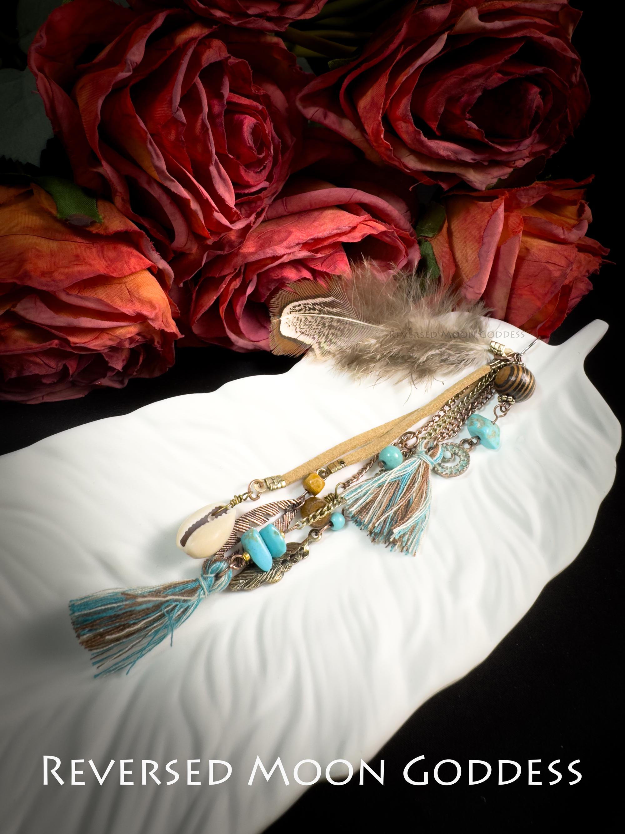 Boho Feather Tassel Earrings: Vintage Brass, Turquoise & Shell