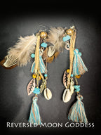 Boho Feather Tassel Earrings: Vintage Brass, Turquoise & Shell