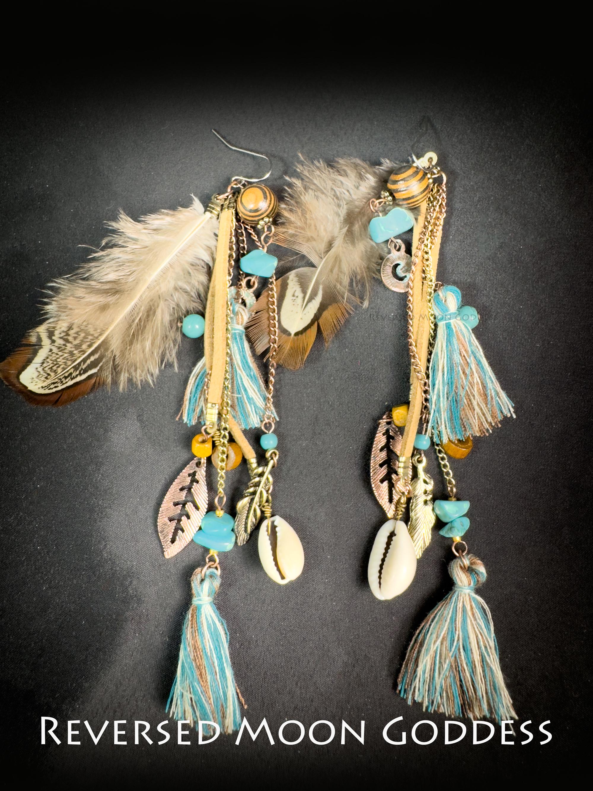 Boho Feather Tassel Earrings: Vintage Brass, Turquoise & Shell