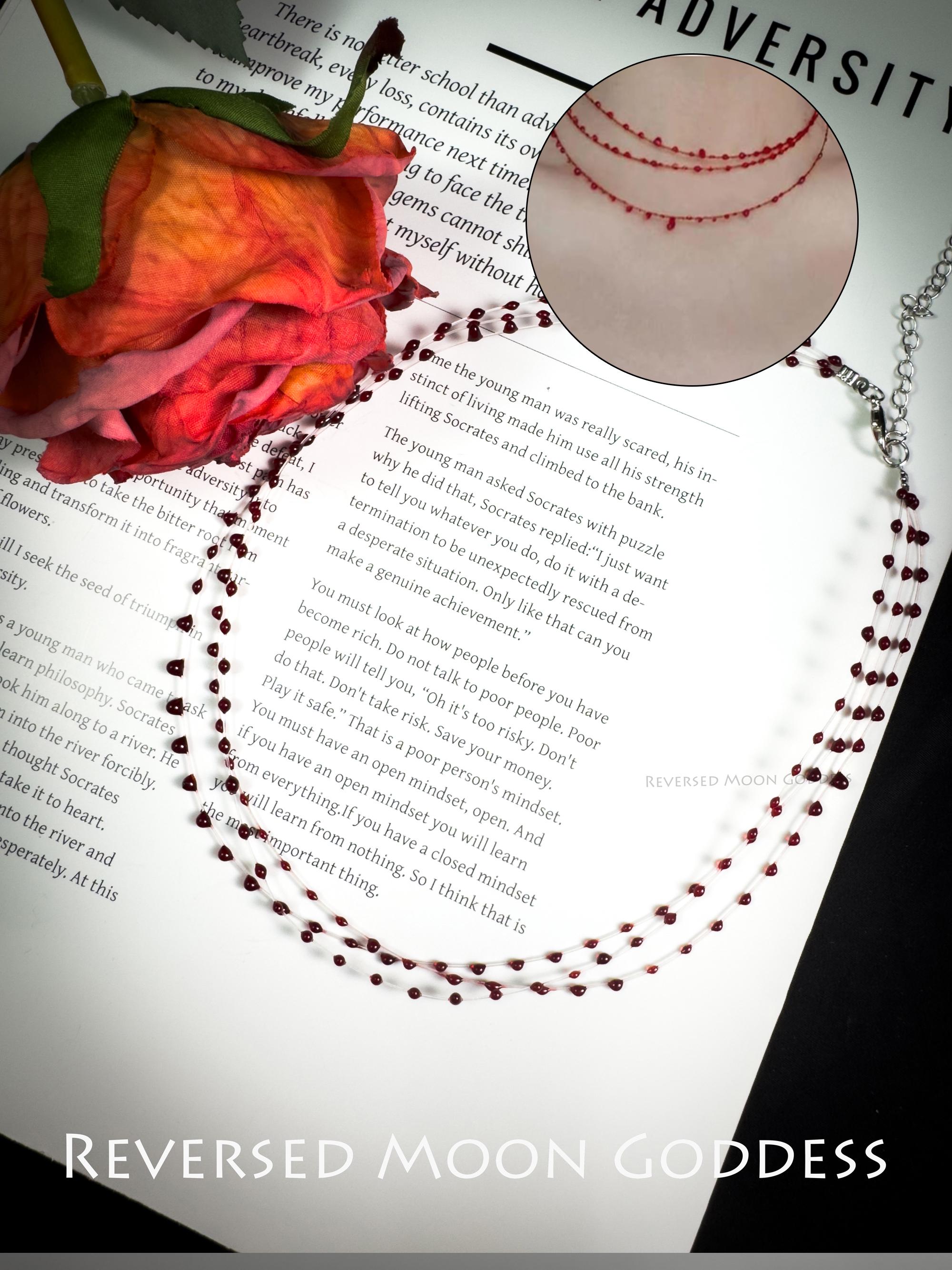 Gothic Blood Drop Necklace • Red Crystal Choker with Layered PU Leather • Gothic Lolita Jewelry for Women, Men & Cosplay