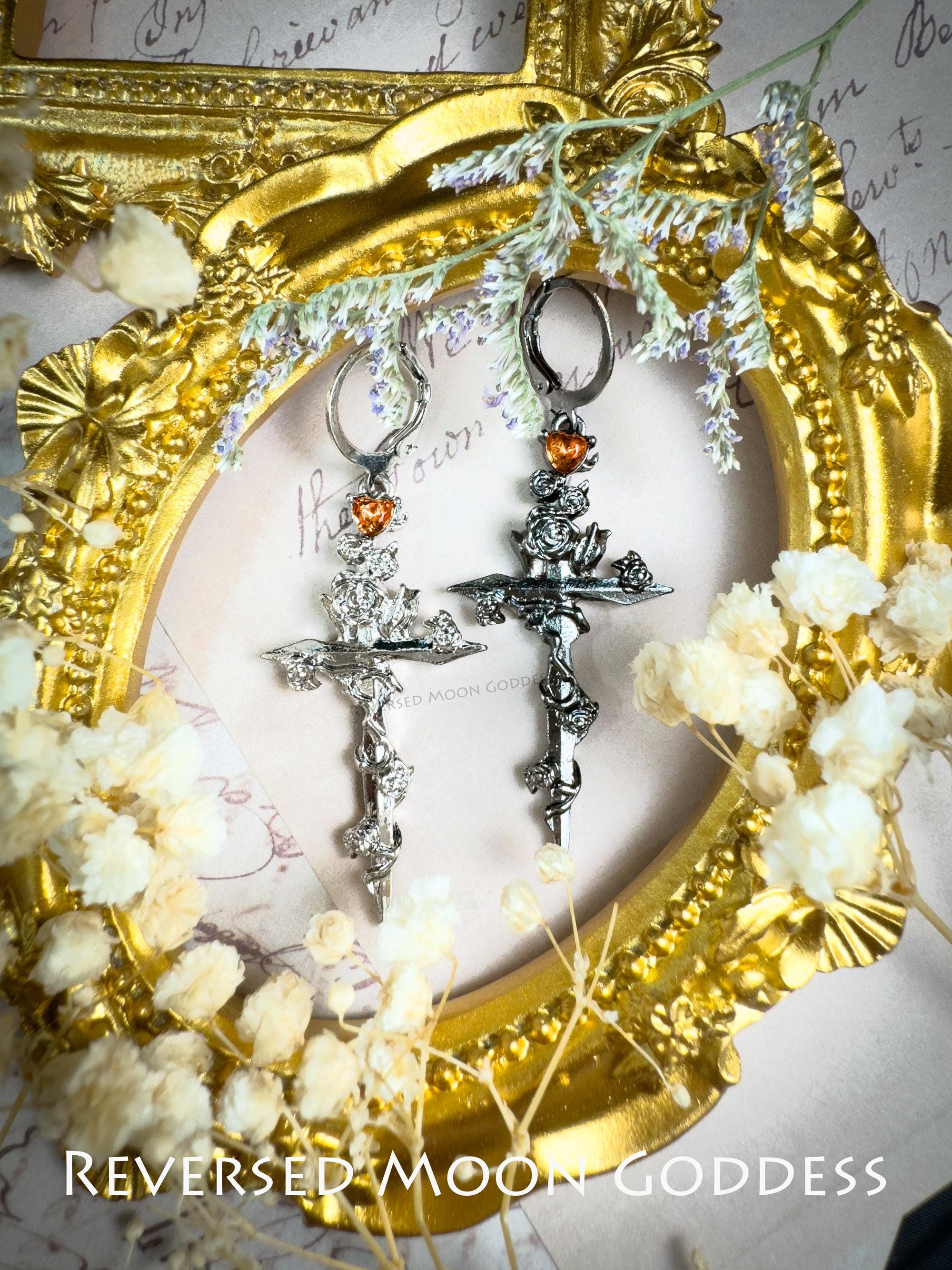 Gothic Rose Cross Necklace & Thorn Earrings: Asymmetric Zircon Jewelry