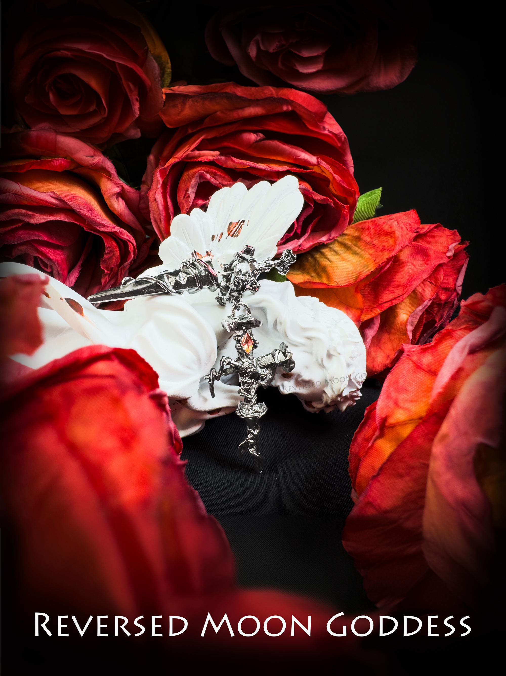 Dark Gothic Rose Sword Earrings • Red Zircon Blade Studs for Women • Cold Enamel Gothic Weapon Jewelry for Cosplay & Statement Looks • Gift