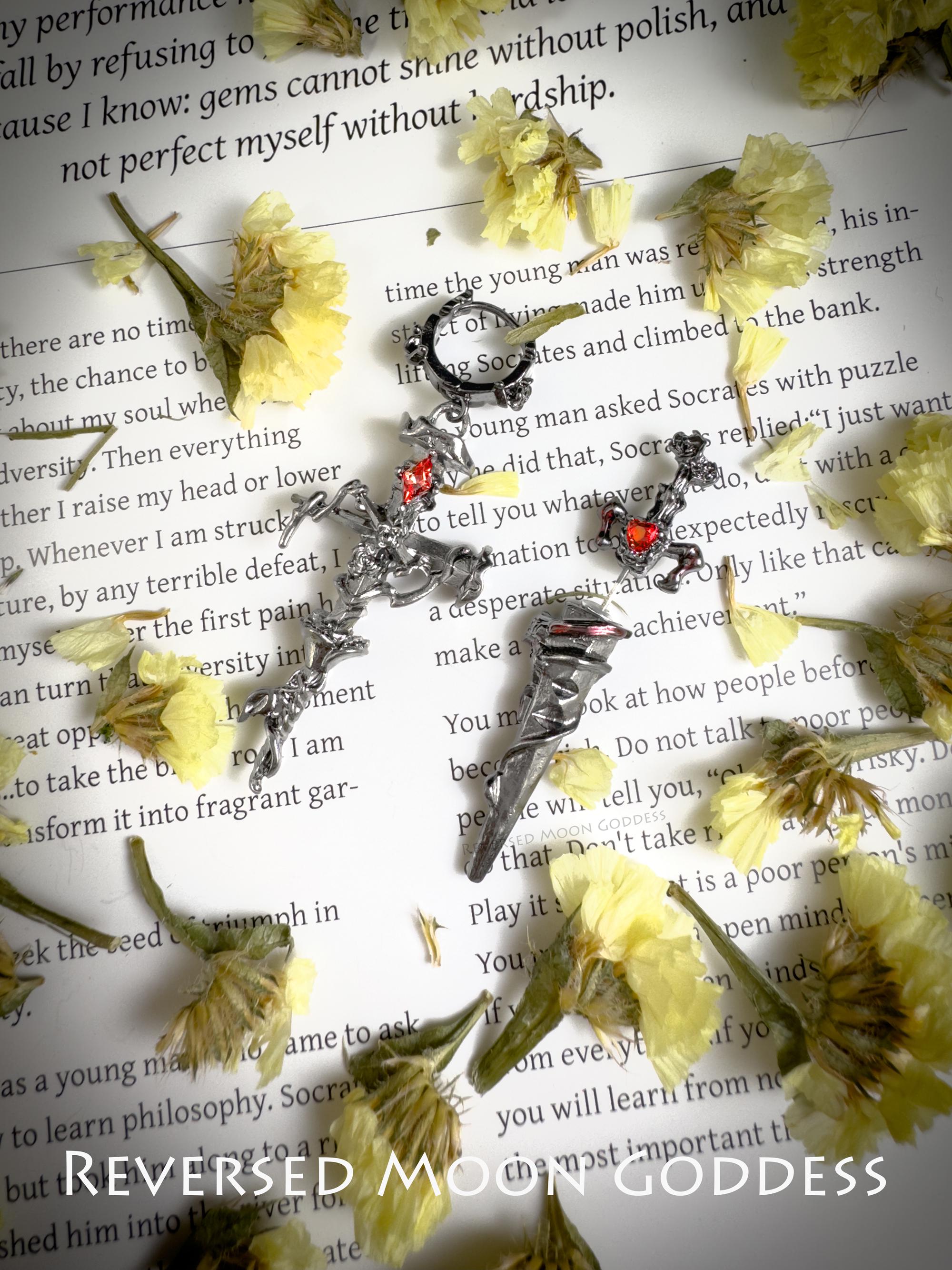 Dark Gothic Rose Sword Earrings • Red Zircon Blade Studs for Women • Cold Enamel Gothic Weapon Jewelry for Cosplay & Statement Looks • Gift
