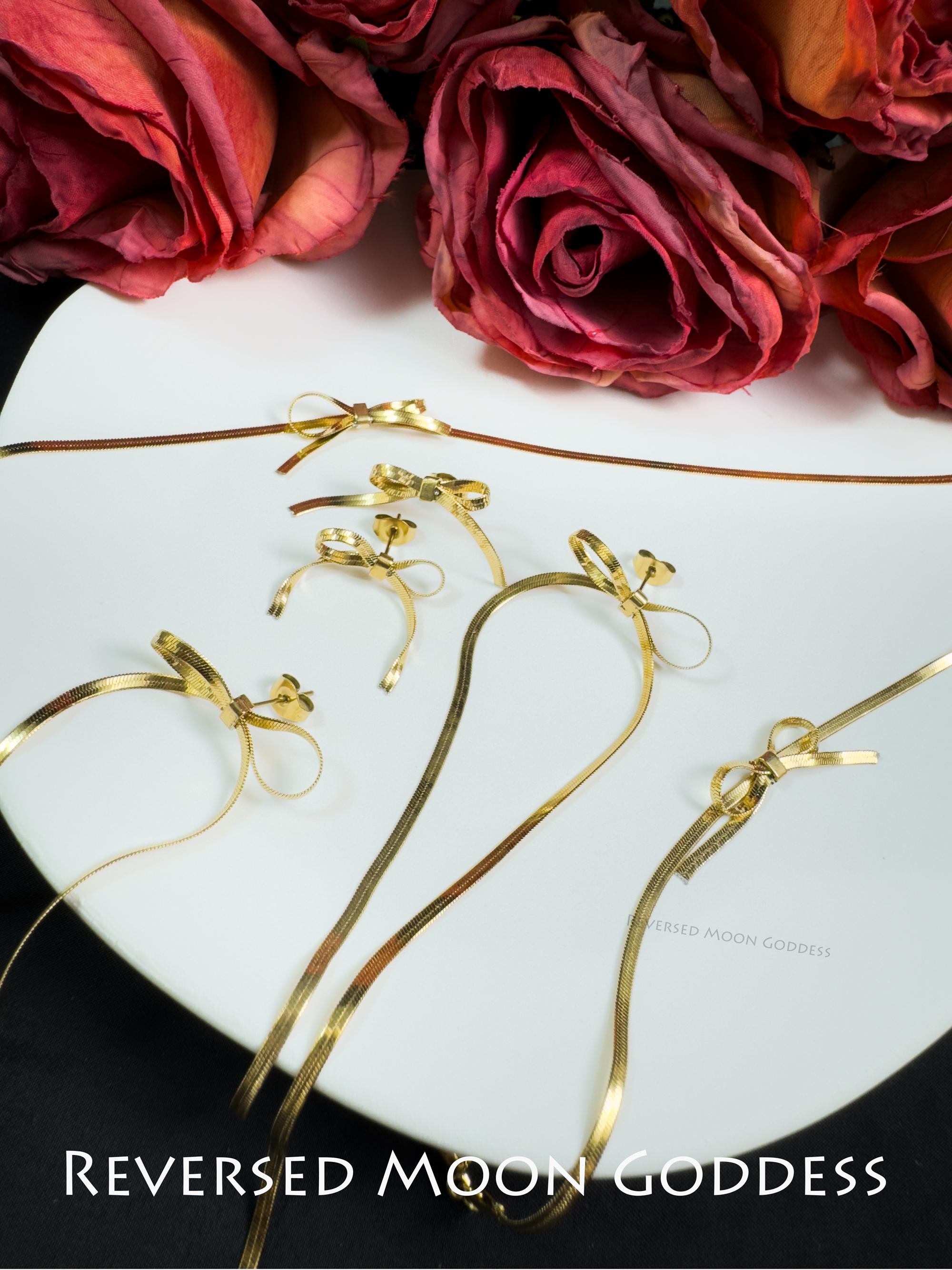 Dainty Gold Bow Necklace and Earrings Set • Minimalist Knot Jewelry for Women • Cottagecore Bridal Accessories & Wedding Bridesmaid Gift
