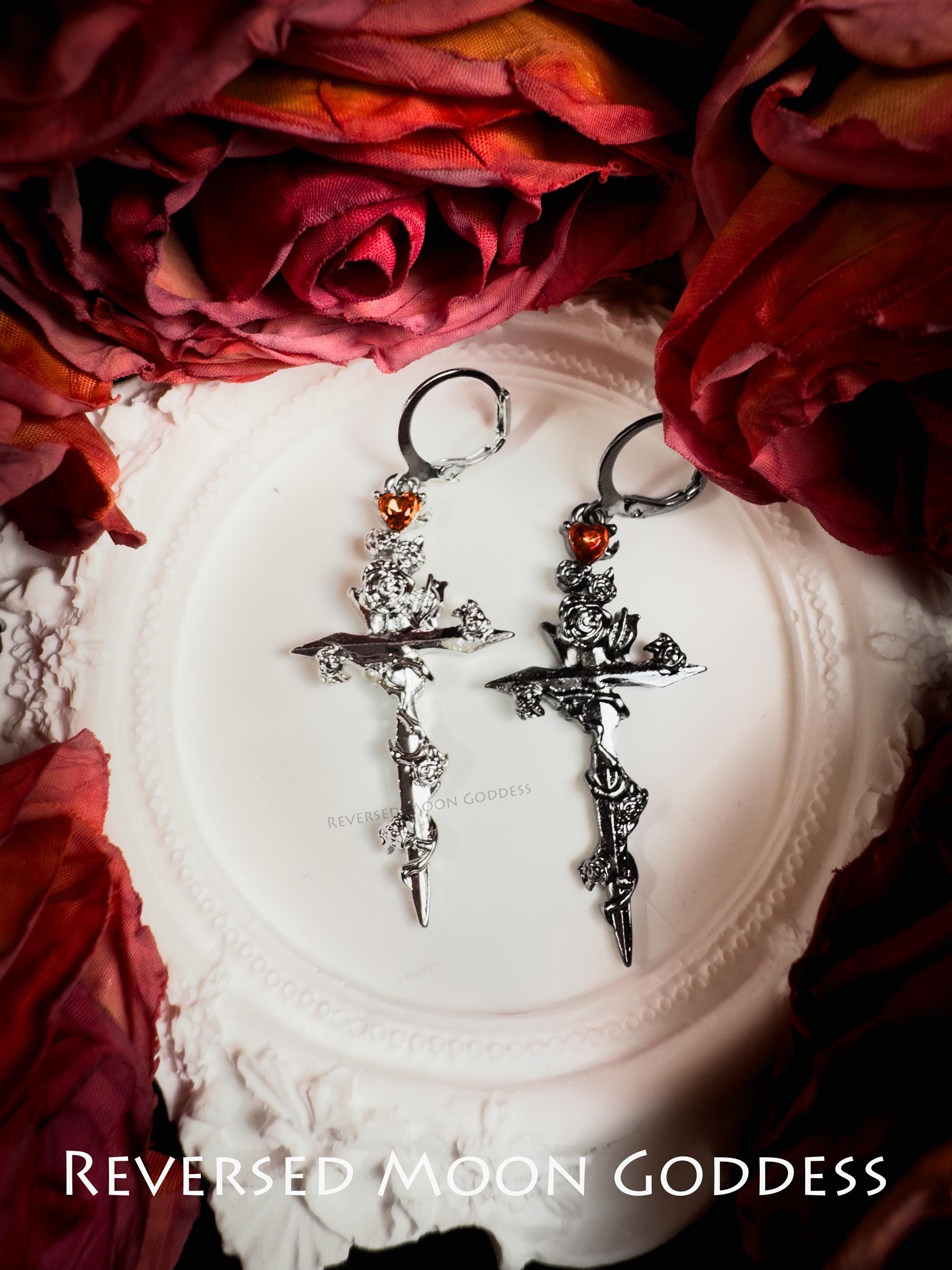 Gothic Rose Cross Necklace & Thorn Earrings: Asymmetric Zircon Jewelry