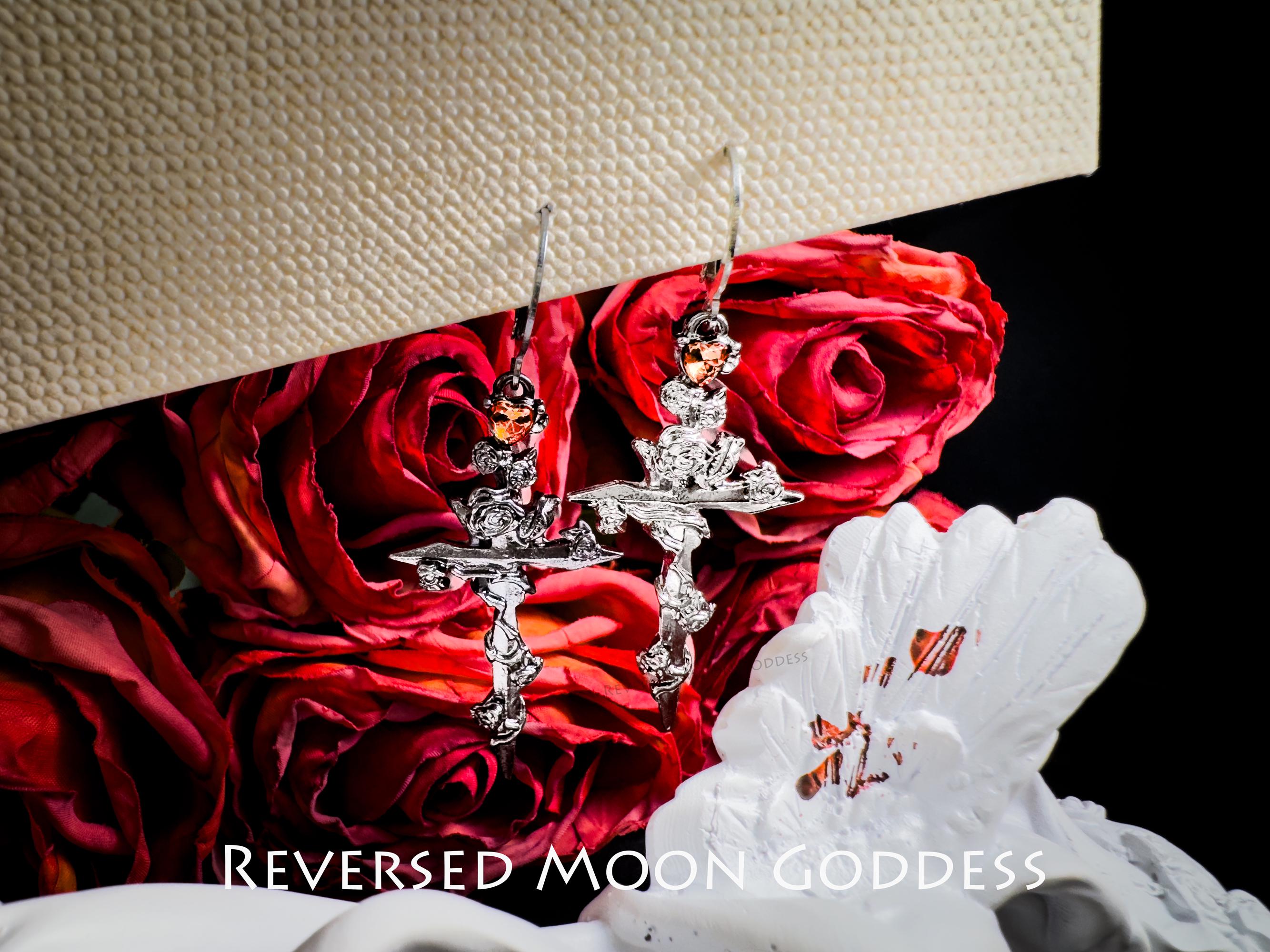 Gothic Rose Cross Necklace & Thorn Earrings: Asymmetric Zircon Jewelry