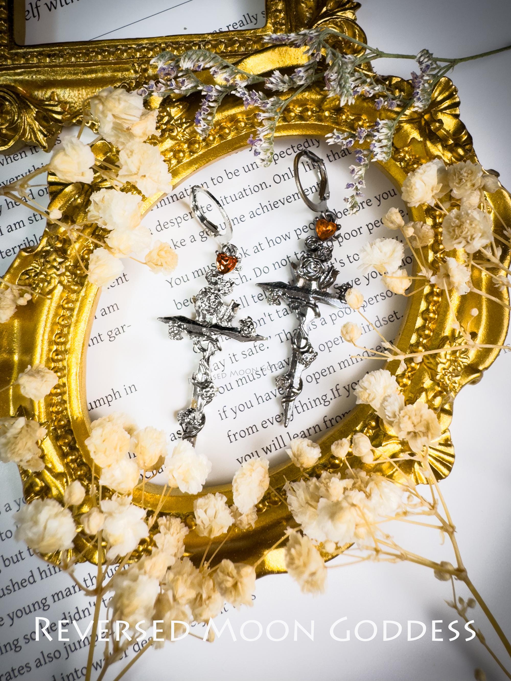 Gothic Rose Cross Necklace & Thorn Earrings: Asymmetric Zircon Jewelry