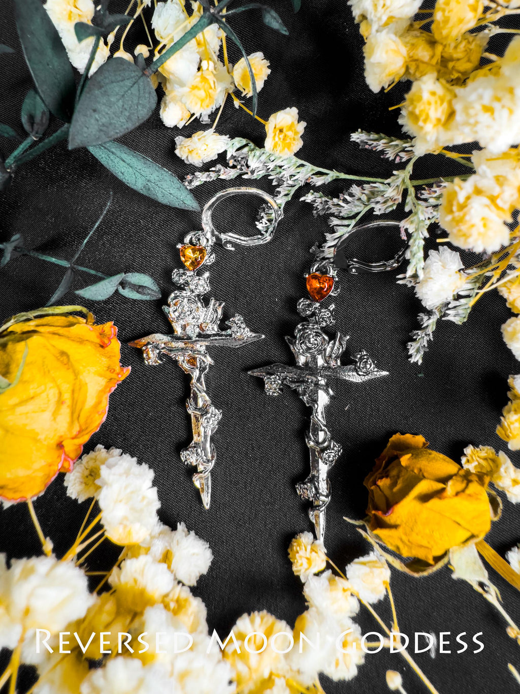 Gothic Rose Cross Necklace & Thorn Earrings: Asymmetric Zircon Jewelry