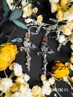 Gothic Rose Cross Necklace & Thorn Earrings: Asymmetric Zircon Jewelry