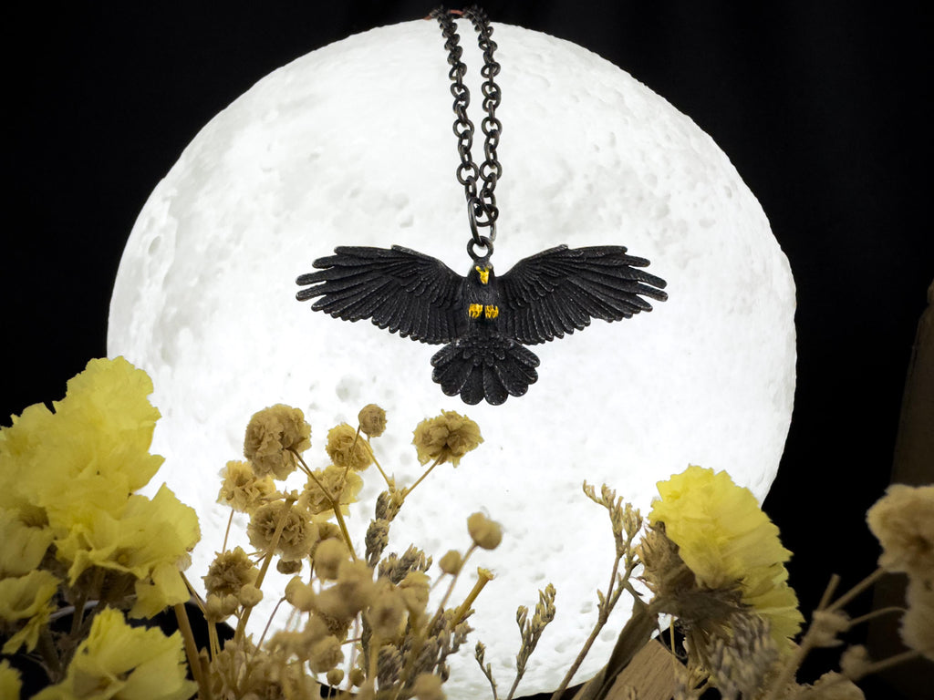 Gothic Raven Pendant Necklace: Black Hawk Amulet, Stainless Steel Chain