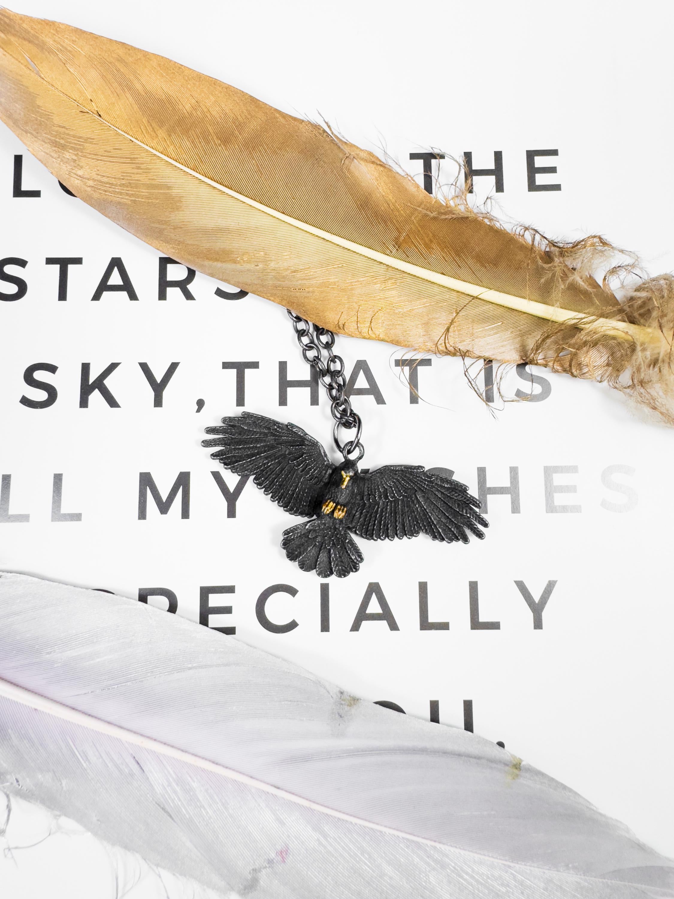Gothic Raven Pendant Necklace: Black Hawk Amulet, Stainless Steel Chain
