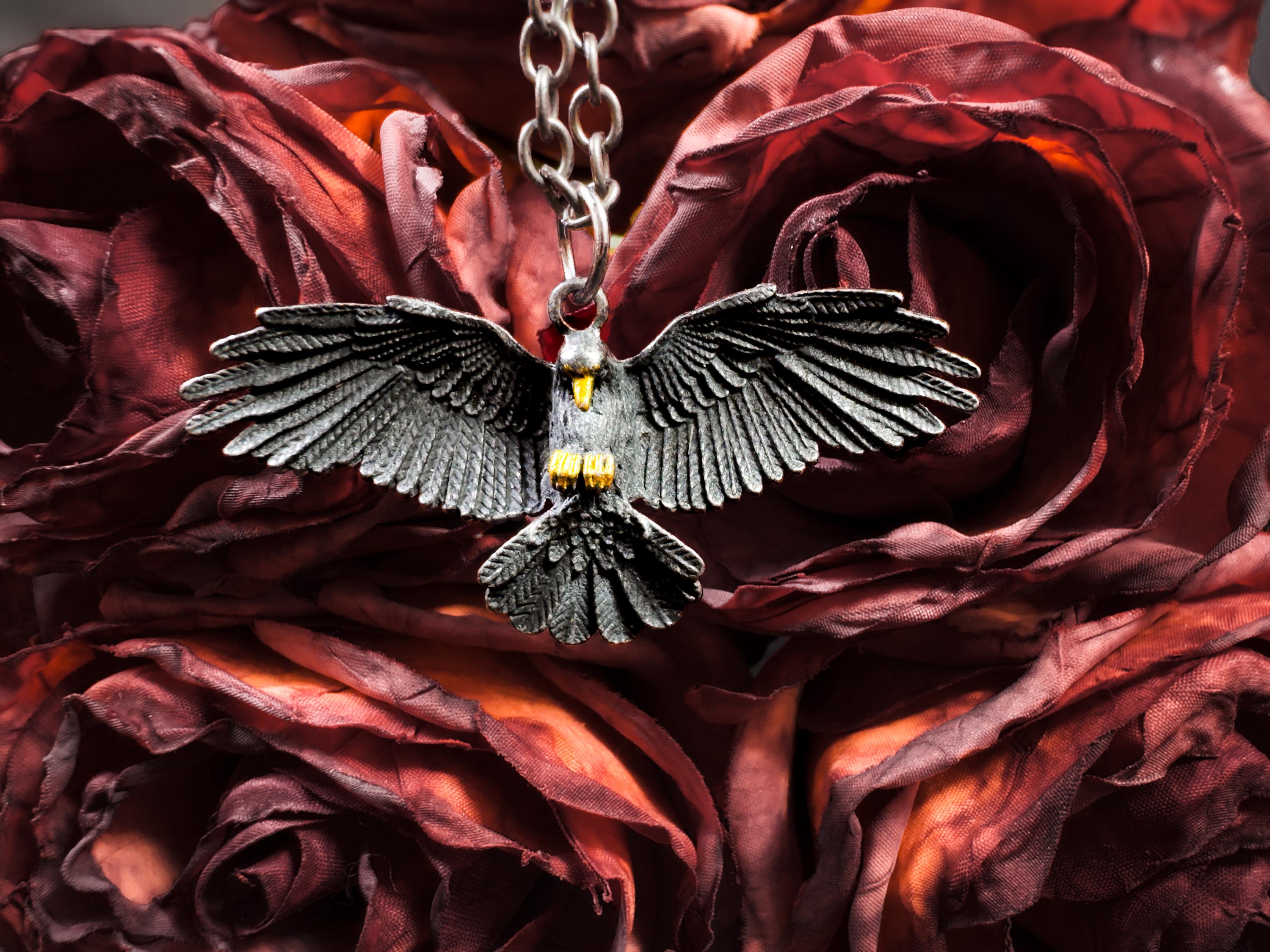 Gothic Raven Pendant Necklace: Black Hawk Amulet, Stainless Steel Chain