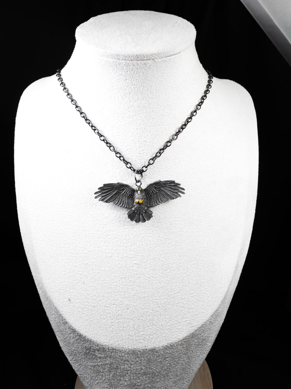 Gothic Raven Pendant Necklace: Black Hawk Amulet, Stainless Steel Chain