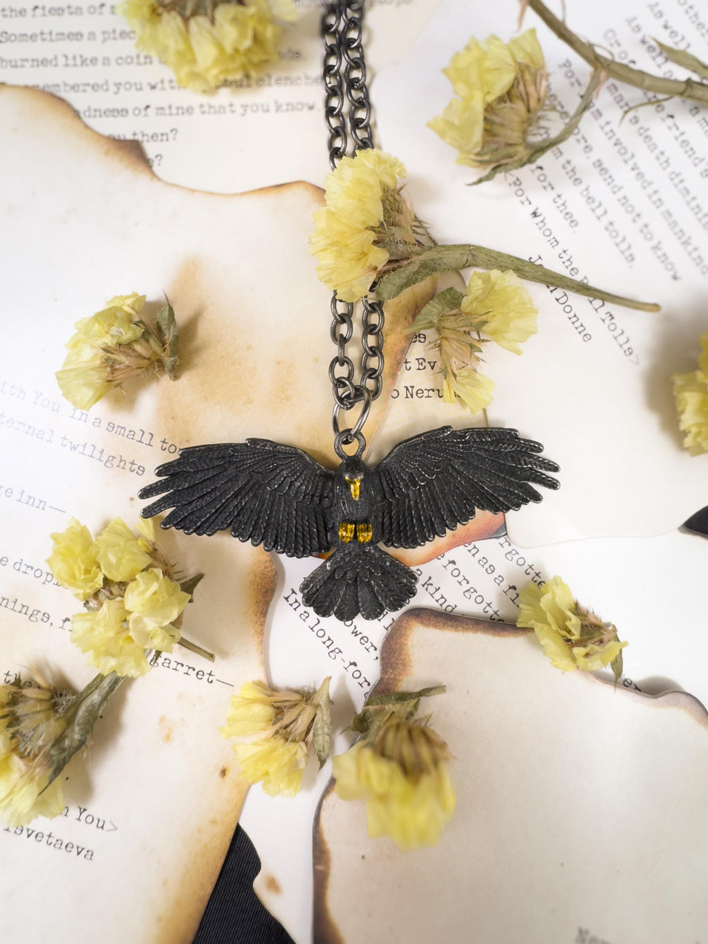 Gothic Raven Pendant Necklace: Black Hawk Amulet, Stainless Steel Chain