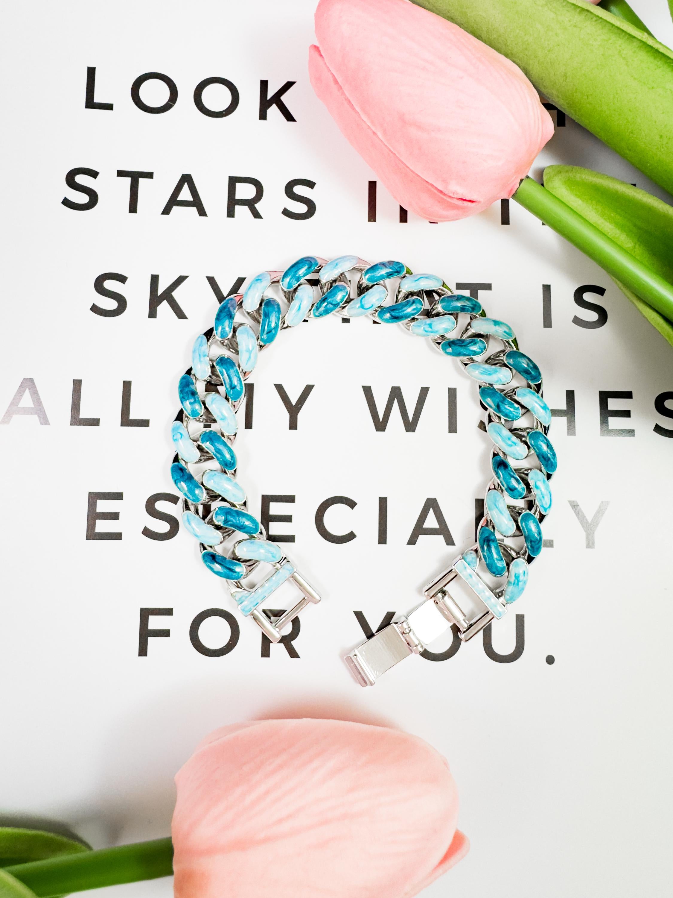 Blue Enamel Cuban Link Bracelet: Iced Out Hip Hop Chain