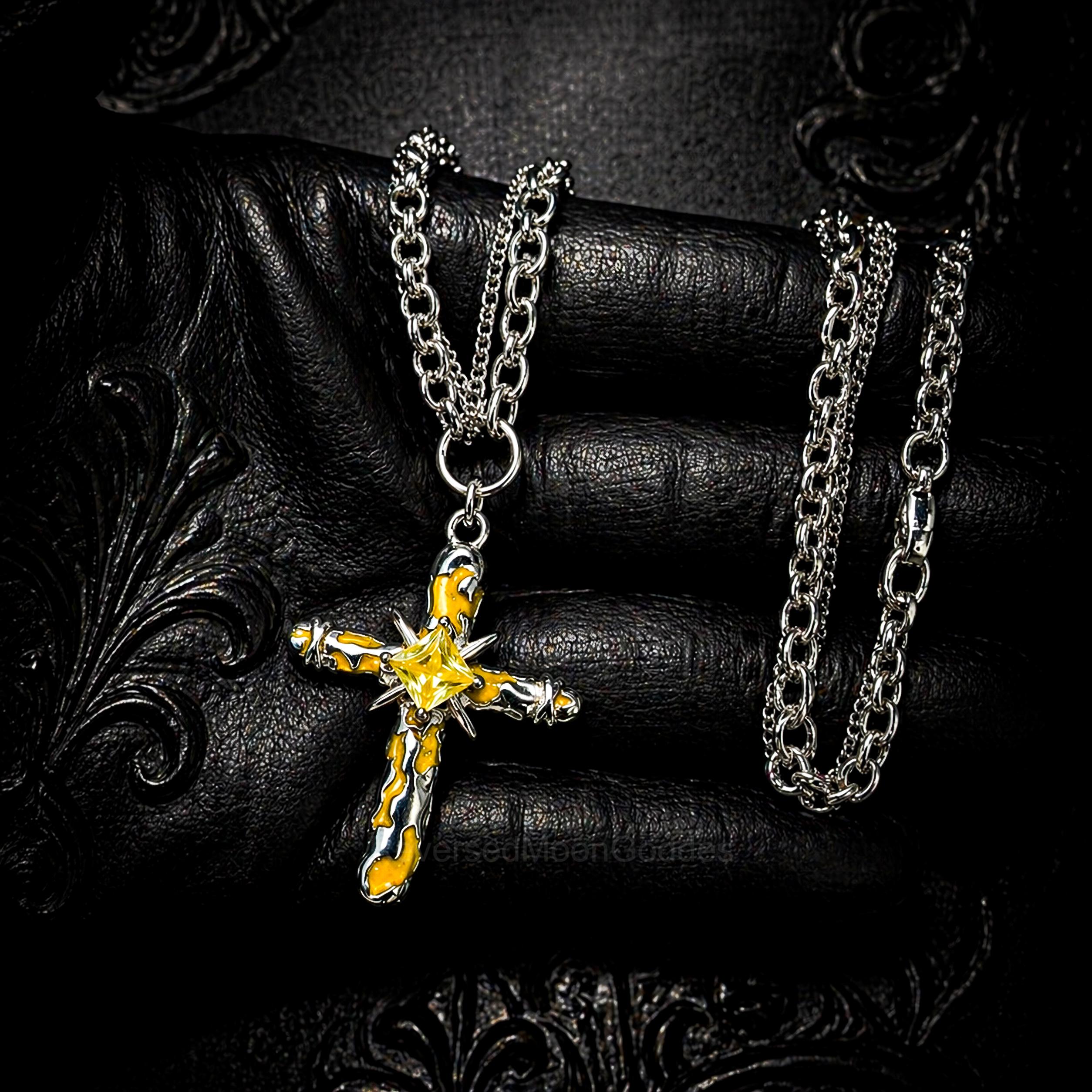 Yellow CZ Enamel Cross Necklace, Stainless Steel Gothic Y2K Pendant