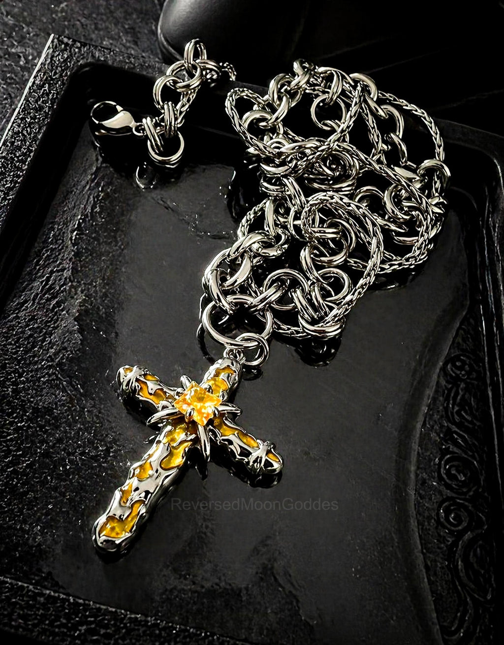 Yellow CZ Enamel Cross Necklace, Stainless Steel Gothic Y2K Pendant