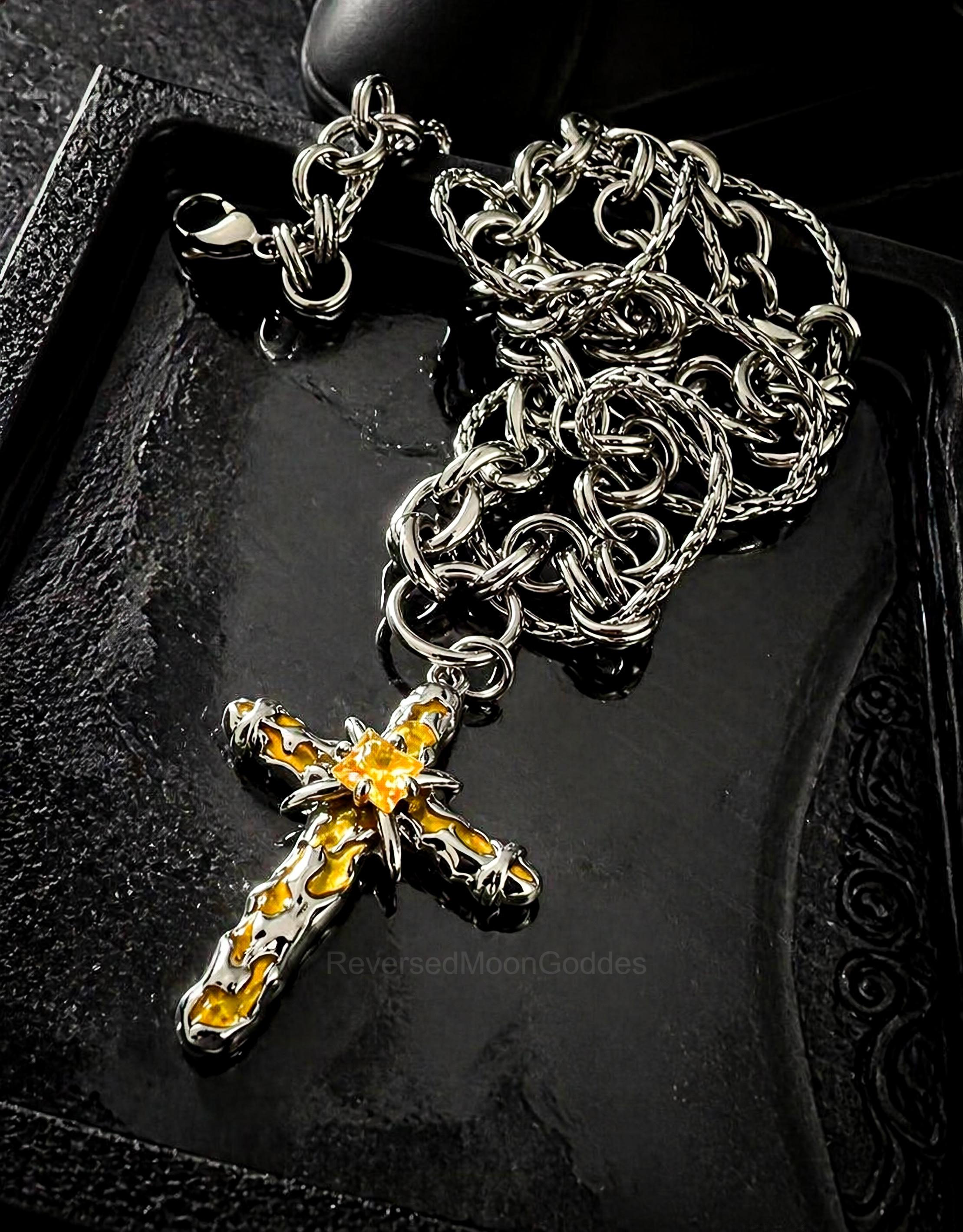 Yellow CZ Enamel Cross Necklace, Stainless Steel Gothic Y2K Pendant