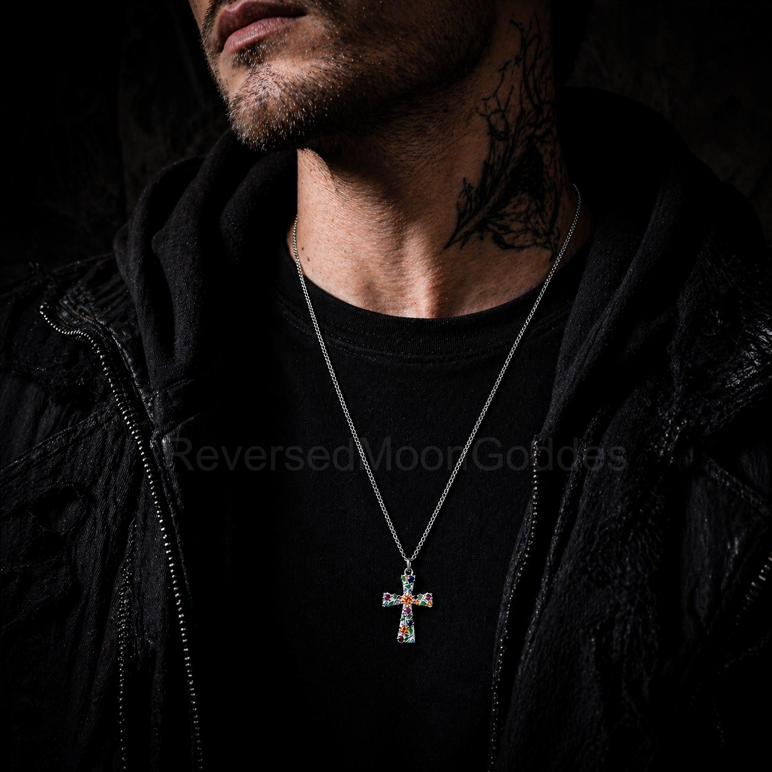 Enamel Floral Cross Necklace, Stainless Steel Garden Pendant, Colorful CZ Accents