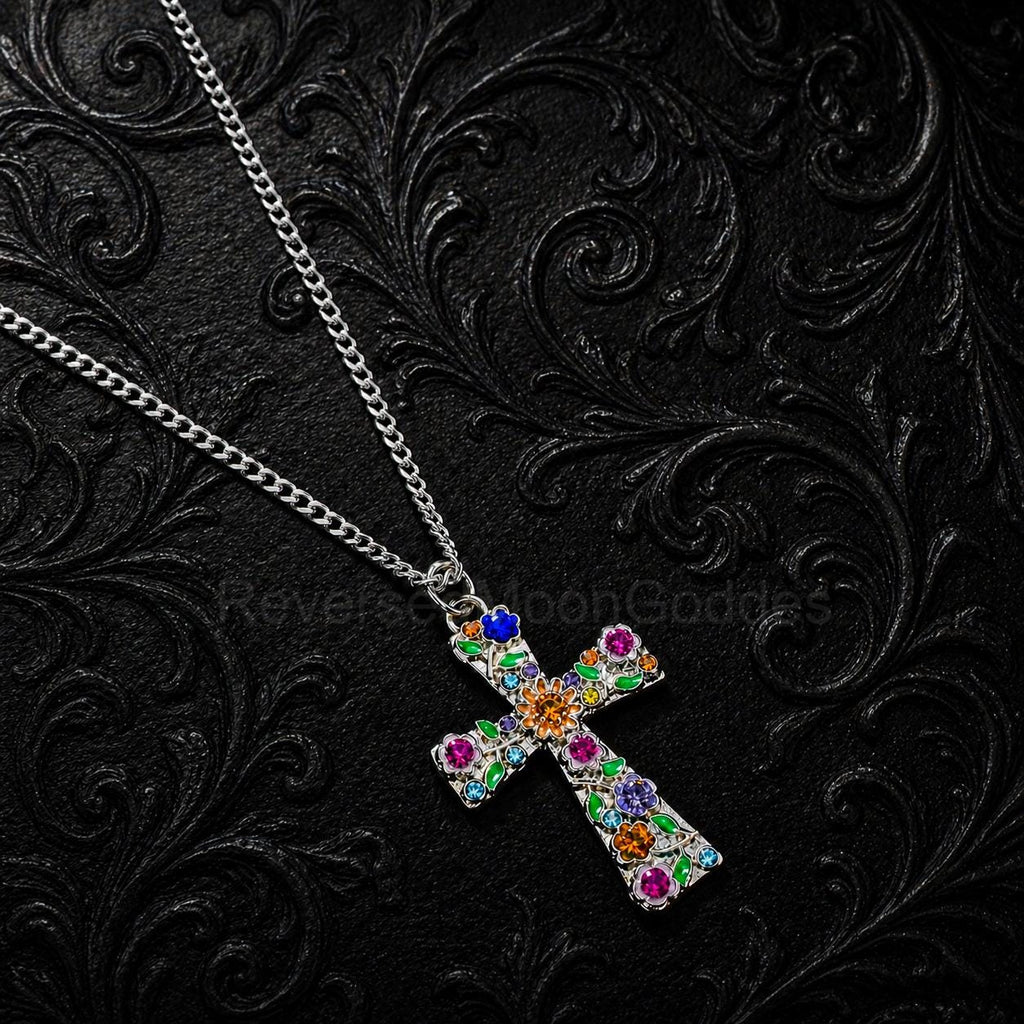 Enamel Floral Cross Necklace, Stainless Steel Garden Pendant, Colorful CZ Accents