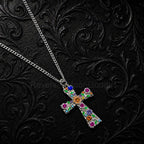 Enamel Floral Cross Necklace, Stainless Steel Garden Pendant, Colorful CZ Accents