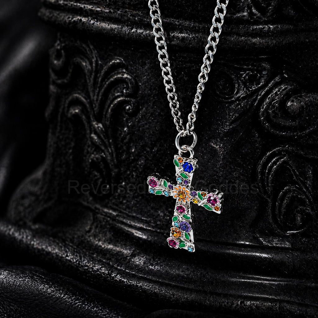 Enamel Floral Cross Necklace, Stainless Steel Garden Pendant, Colorful CZ Accents