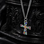 Enamel Floral Cross Necklace, Stainless Steel Garden Pendant, Colorful CZ Accents