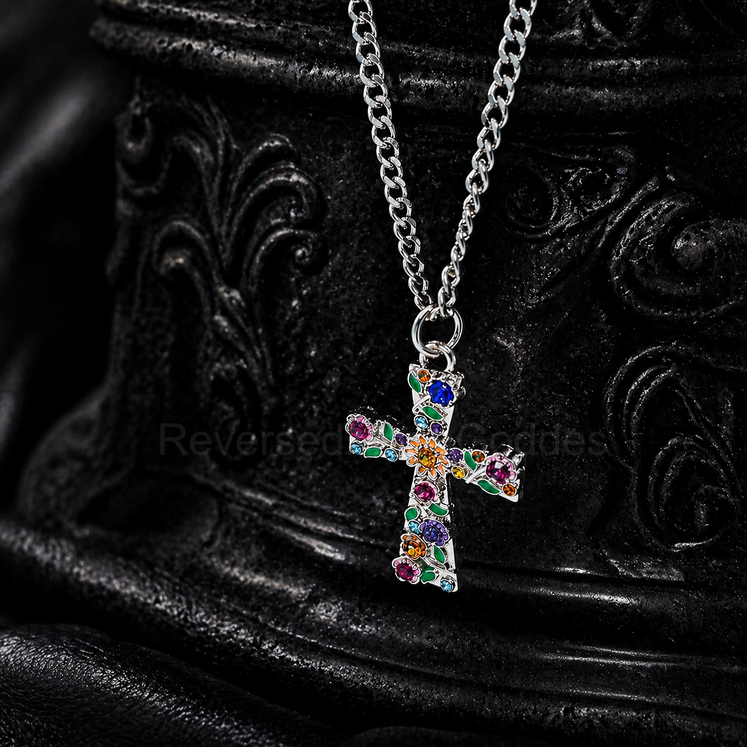 Enamel Floral Cross Necklace, Stainless Steel Garden Pendant, Colorful CZ Accents
