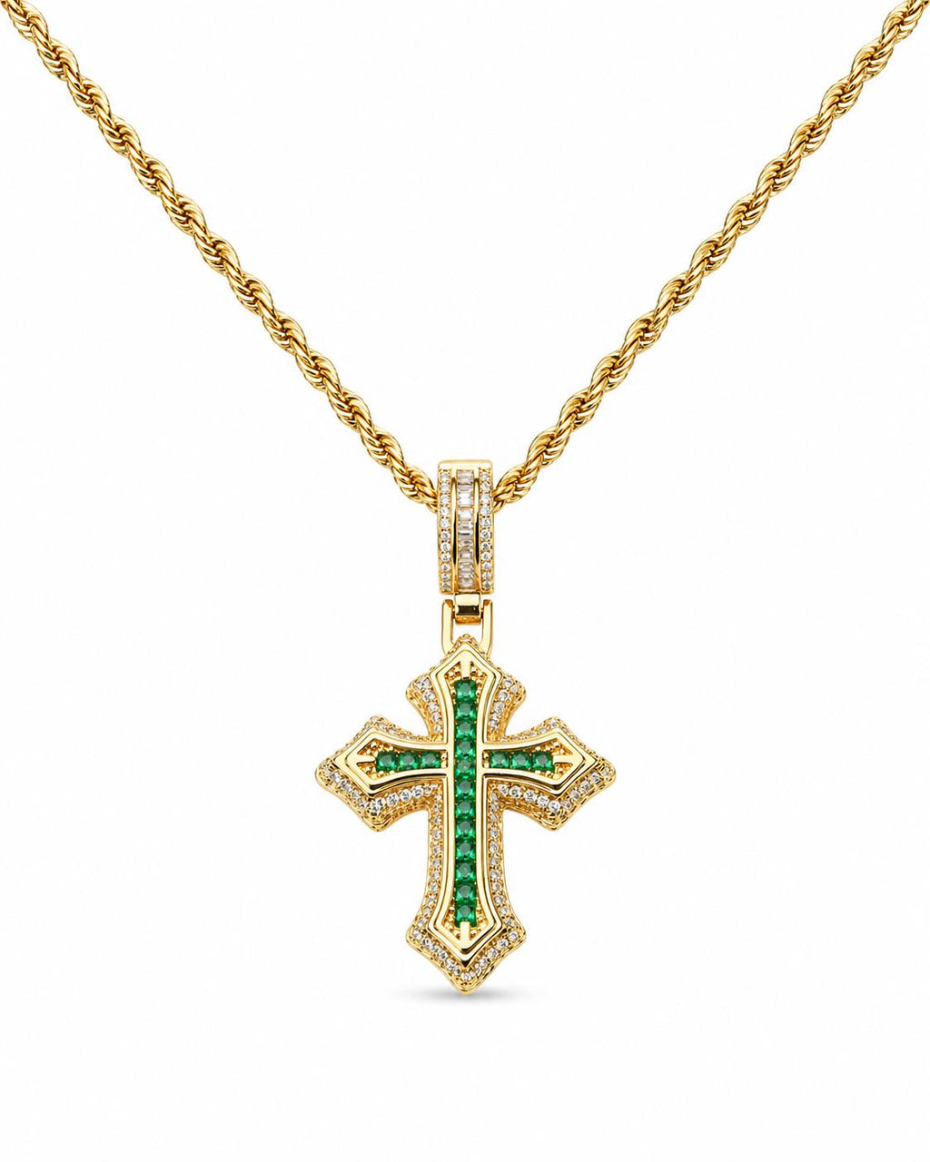 Gold Plated Stainless Steel Green CZ Cross Pendant Necklace, Hip Hop Gothic Jewelry