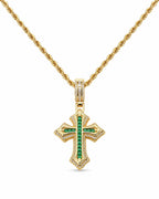 Gold Plated Stainless Steel Green CZ Cross Pendant Necklace, Hip Hop Gothic Jewelry