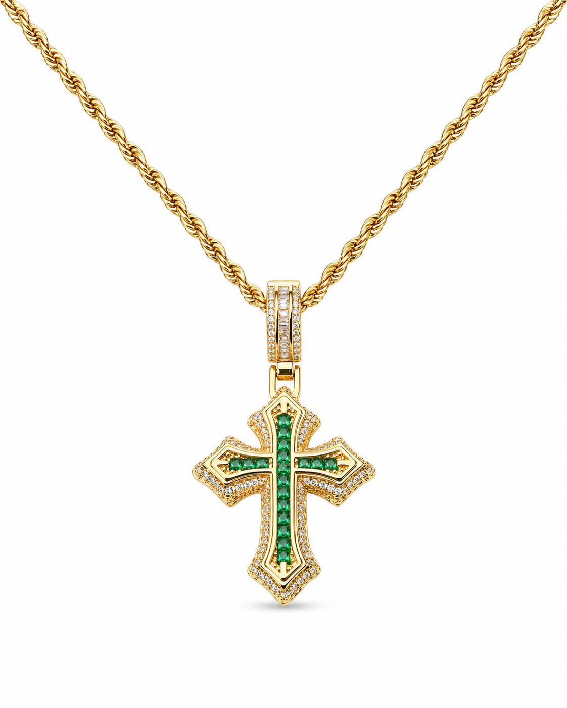 Gold Plated Stainless Steel Green CZ Cross Pendant Necklace, Hip Hop Gothic Jewelry