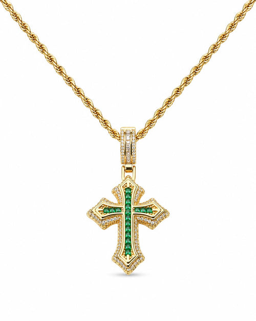 Gold Plated Stainless Steel Green CZ Cross Pendant Necklace, Hip Hop Gothic Jewelry