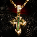 Gold Plated Stainless Steel Green CZ Cross Pendant Necklace, Hip Hop Gothic Jewelry